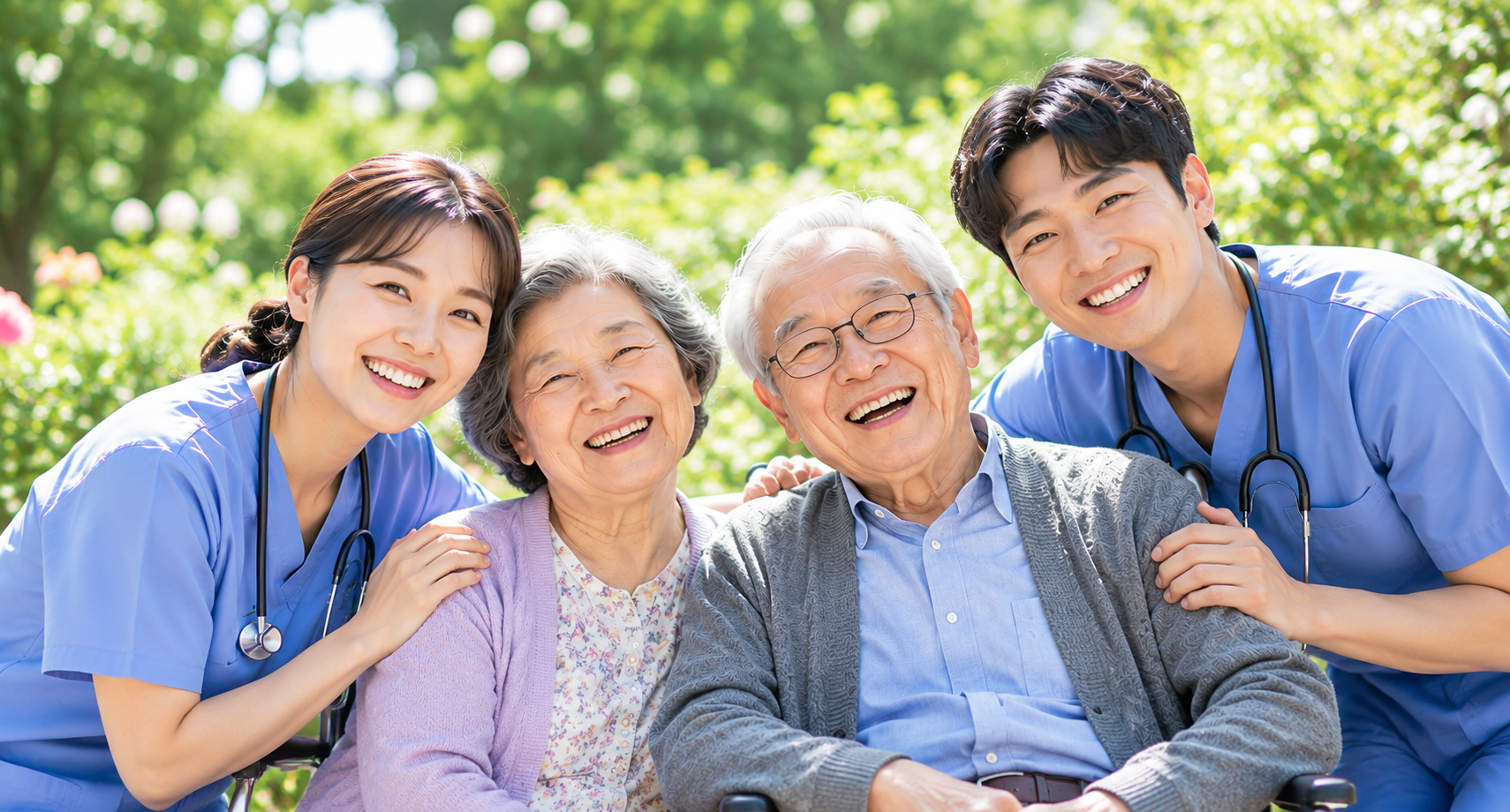 요양보호사들과 환하게 웃고 있는 어르신 부부
